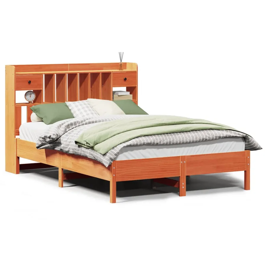 Lit bibliothèque sans matelas cire marron 140x200 cm pin massif - 2