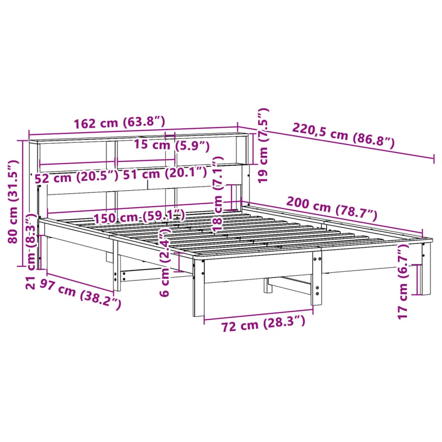 Cadre de lit sans matelas blanc 150x200 cm bois de pin massif - 9