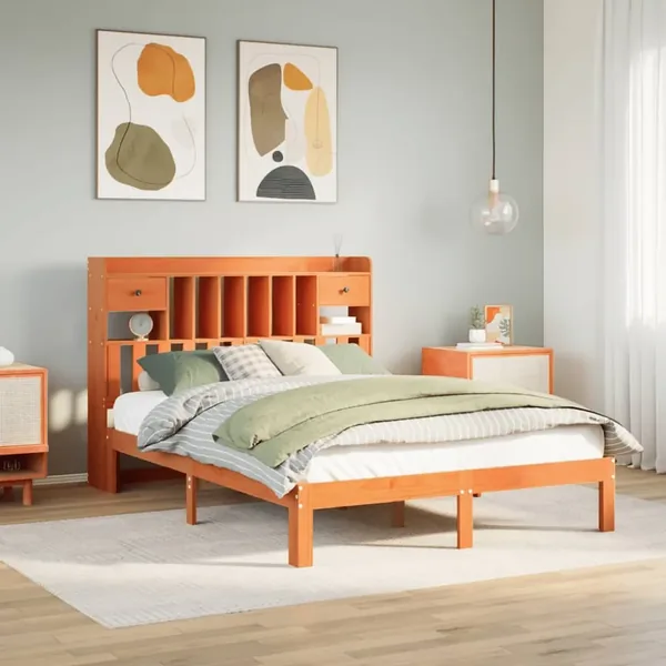 Lit bibliothèque sans matelas cire marron 140x190 cm pin massif