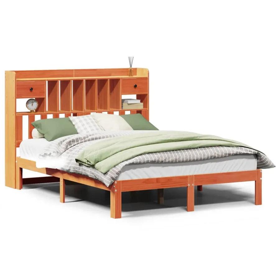 Lit bibliothèque sans matelas cire marron 140x190 cm pin massif - 2