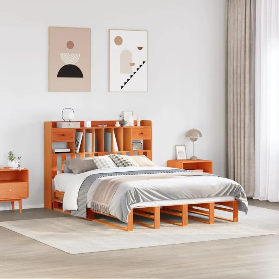 Lit bibliothèque sans matelas cire marron 140x190 cm pin massif