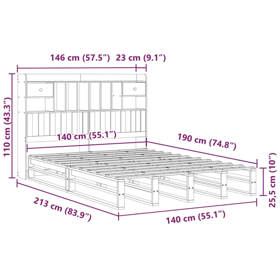 Lit bibliothèque sans matelas cire marron 140x190 cm pin massif - 12