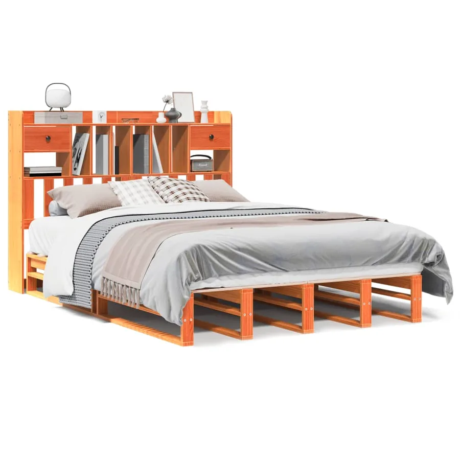 Lit bibliothèque sans matelas cire marron 140x190 cm pin massif - 2