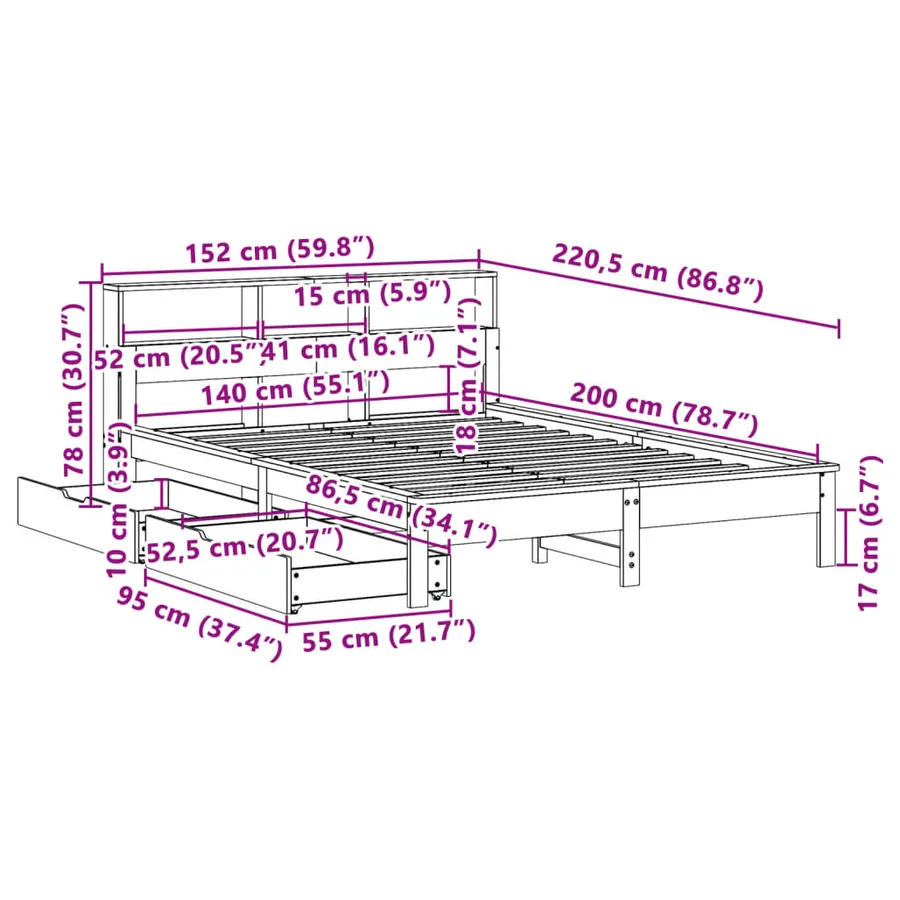 Lit bibliothèque sans matelas blanc 140x200 cm bois pin massif - 12