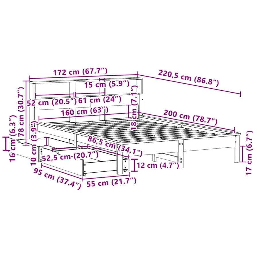Lit bibliothèque sans matelas blanc 160x200 cm bois pin massif - 12