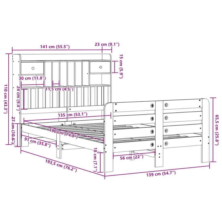 Lit bibliothèque sans matelas cire marron 135x190 cm pin massif - 11