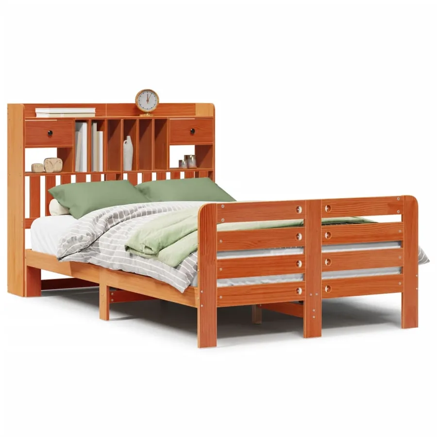 Lit bibliothèque sans matelas cire marron 135x190 cm pin massif - 2