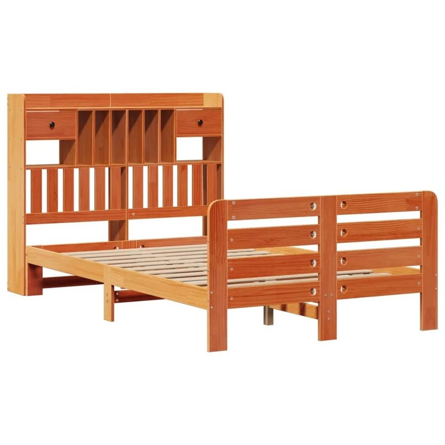 Lit bibliothèque sans matelas cire marron 135x190 cm pin massif - 3