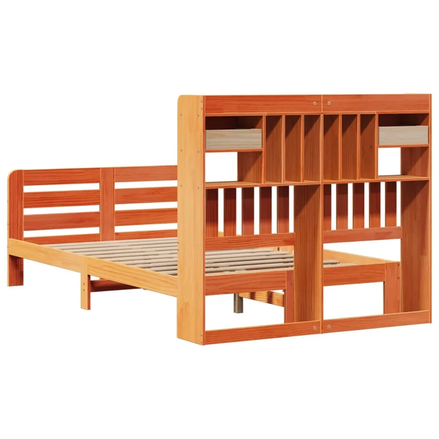Lit bibliothèque sans matelas cire marron 135x190 cm pin massif - 8