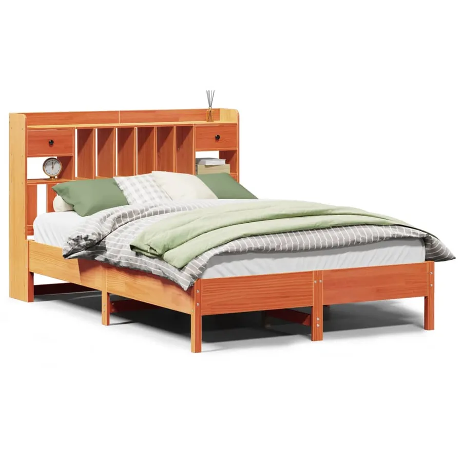 Lit bibliothèque sans matelas cire marron 135x190 cm pin massif - 2