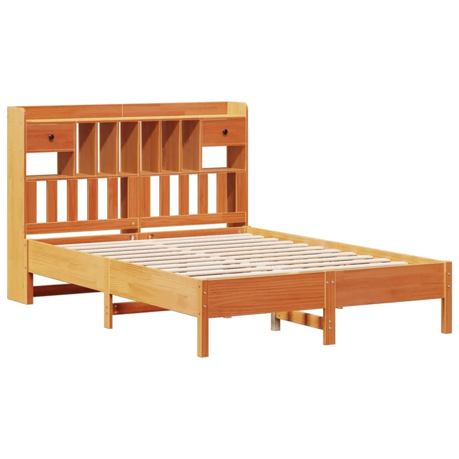 Lit bibliothèque sans matelas cire marron 135x190 cm pin massif - 3