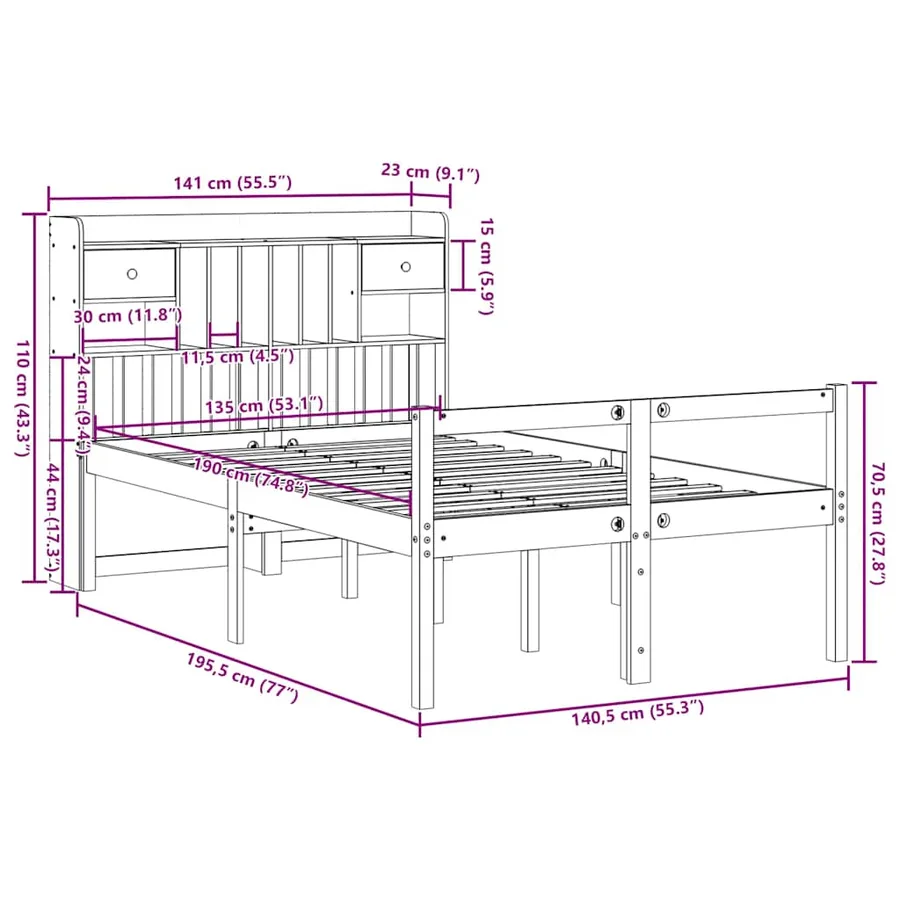 Lit bibliothèque sans matelas cire marron 135x190 cm pin massif - 11