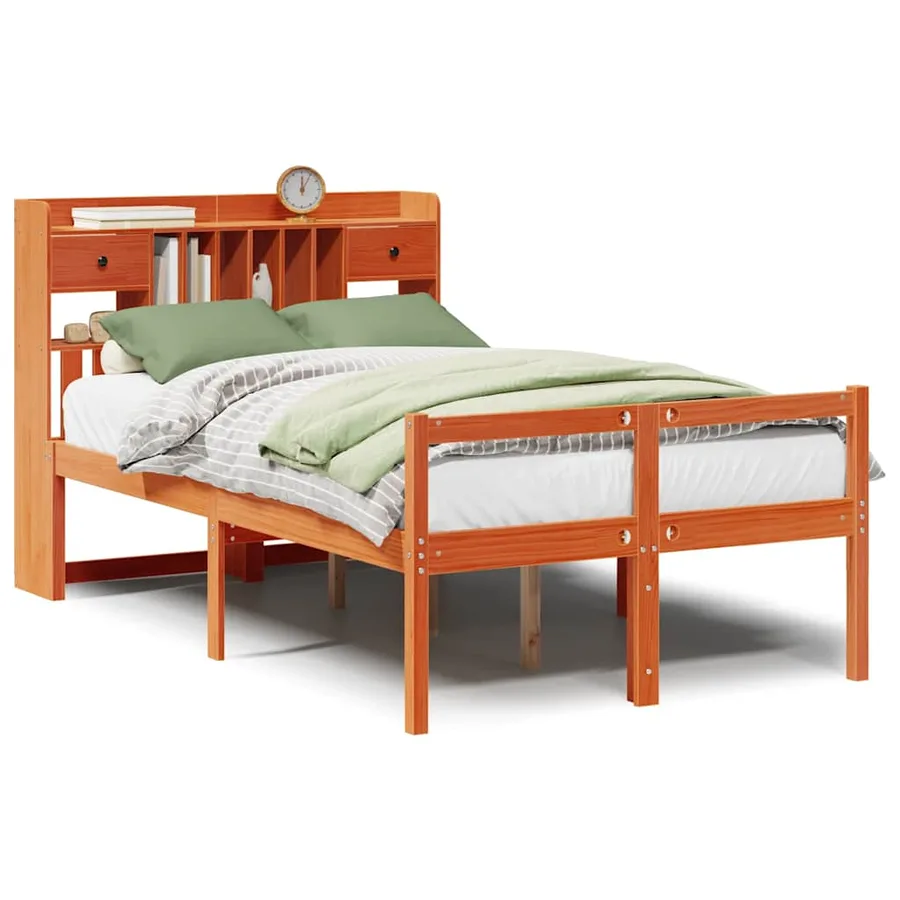 Lit bibliothèque sans matelas cire marron 135x190 cm pin massif - 2