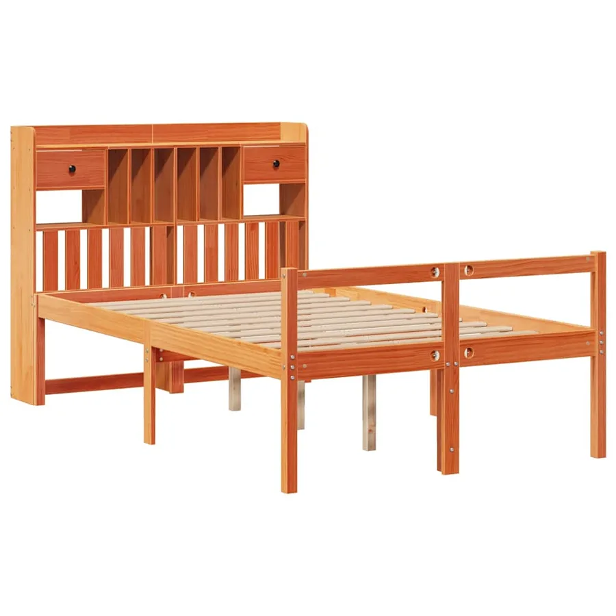 Lit bibliothèque sans matelas cire marron 135x190 cm pin massif - 3