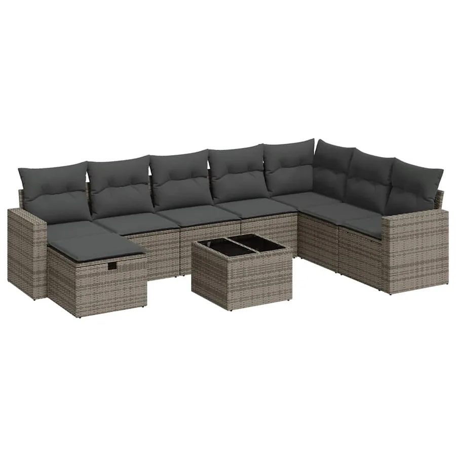 Salon de jardin 9 pcs avec coussins gris résine tressée - 2