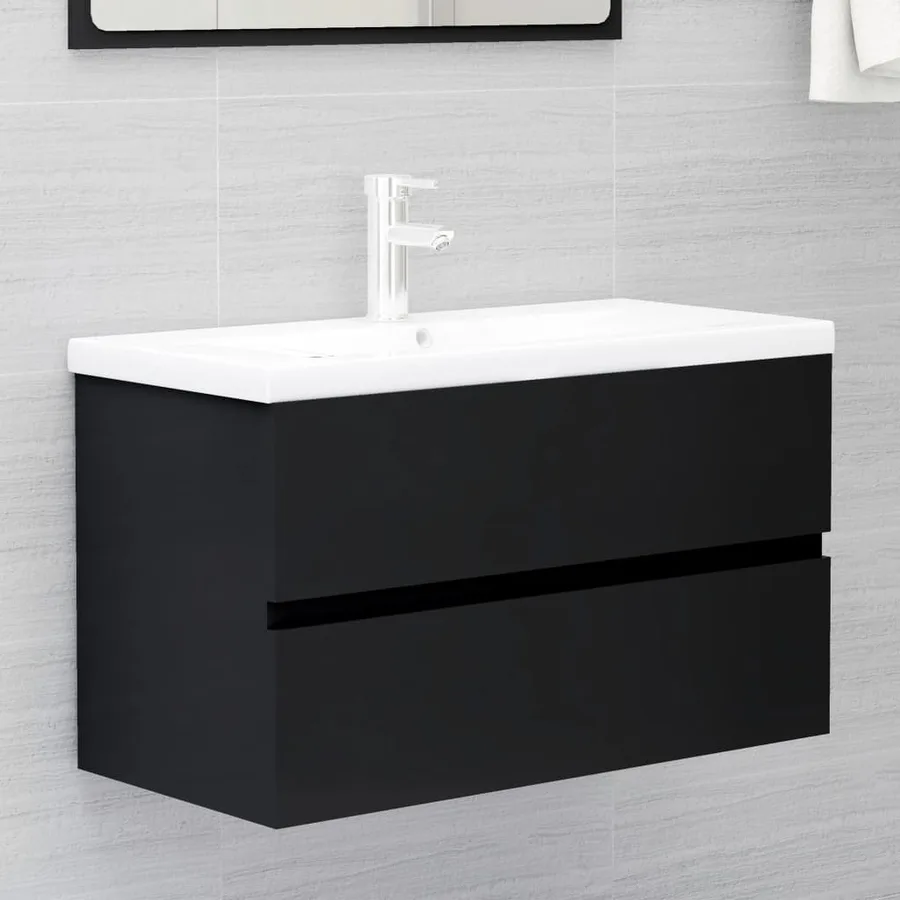 Meubles de salle de bain noir bois d'ingénierie - 5