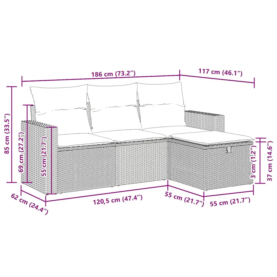Salon de jardin 4 pcs avec coussins gris résine tressée - 12