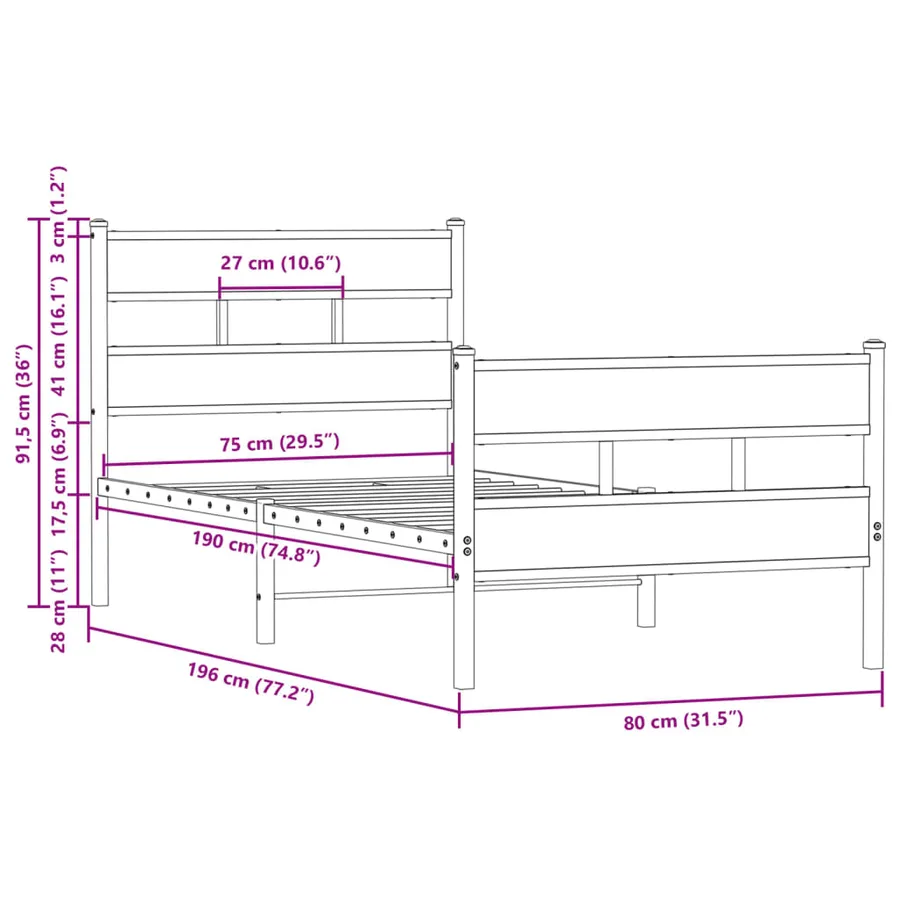 Cadre de lit sans matelas avec tête de lit pied de lit 75x190cm - 9