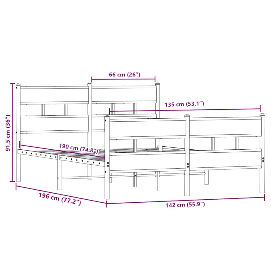Cadre de lit en métal sans matelas chêne sonoma 135x190 cm - 9