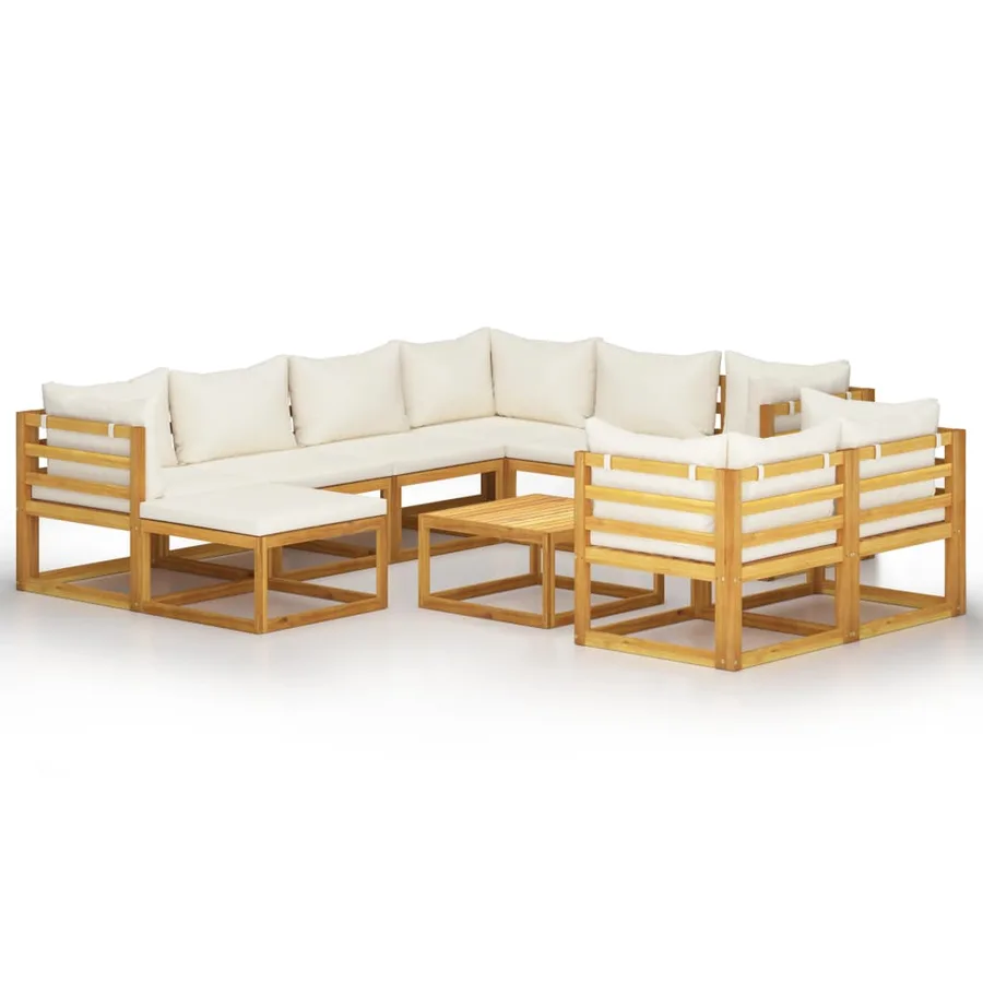 Salon de jardin 10 pcs avec coussin Crème Bois d'acacia solide - 2