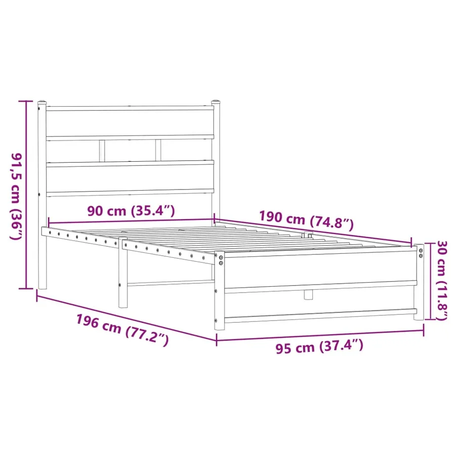 Cadre de lit en métal sans matelas chêne marron 90x190 cm - 9