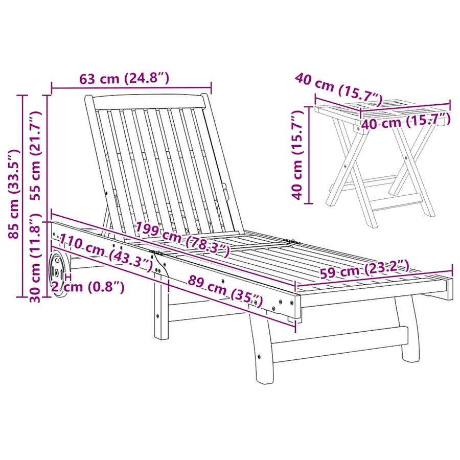 Chaises longues lot de 2 avec table bois massif d'acacia - 13