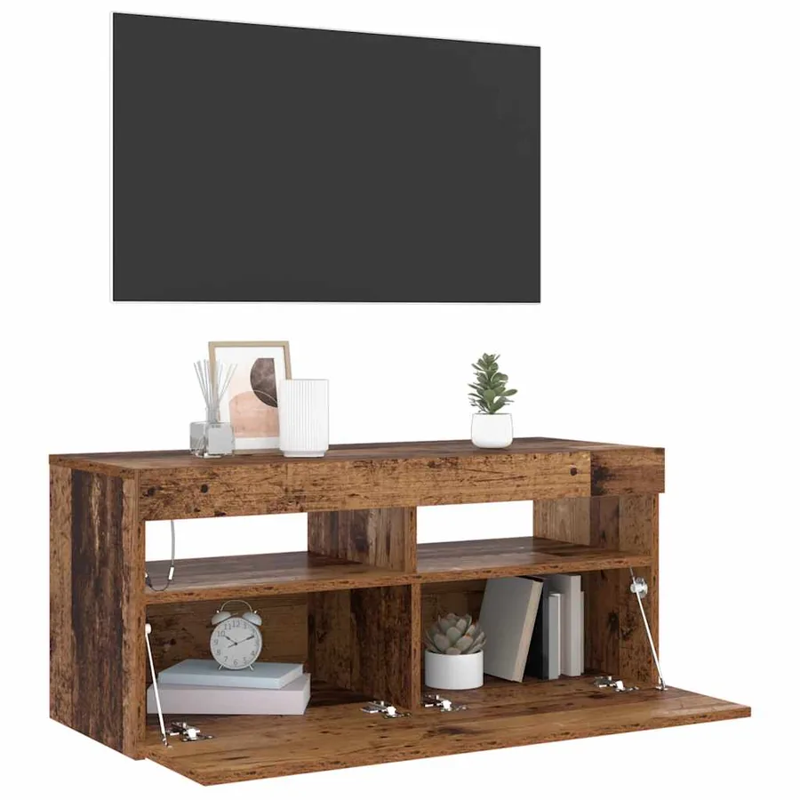 Meuble TV avec lumières LED vieux bois bois d'ingénierie - 5