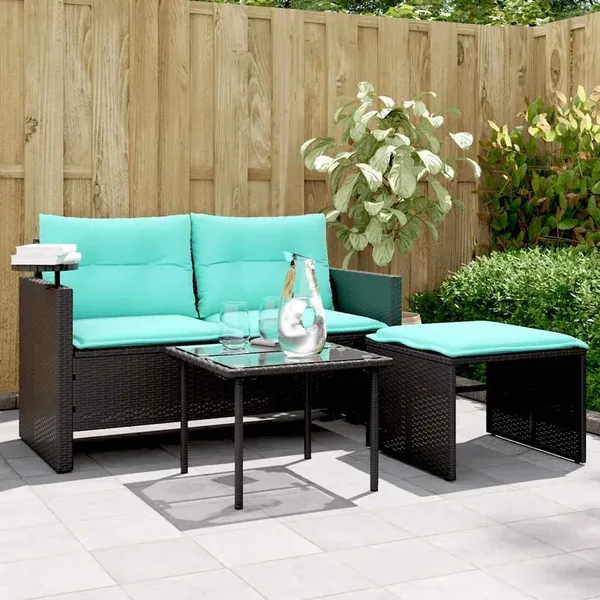 Ensemble de canapé de jardin 3 pcs avec coussins noir résine tressée