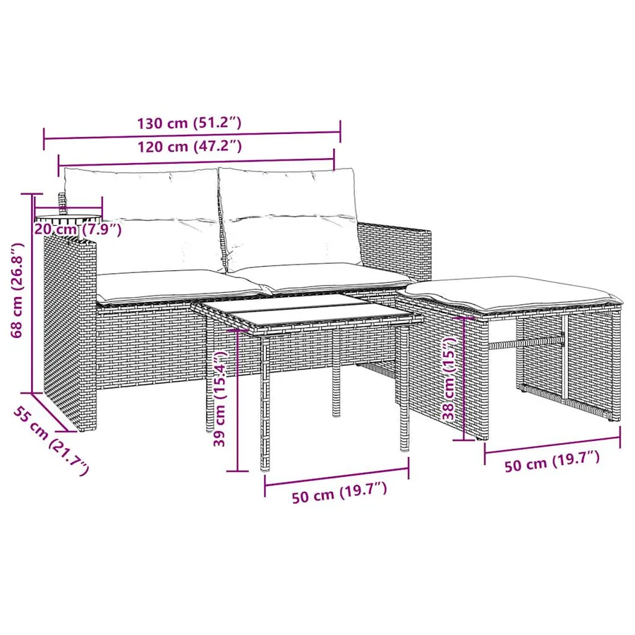 Ensemble de canapé de jardin 3 pcs avec coussins noir résine tressée - 12