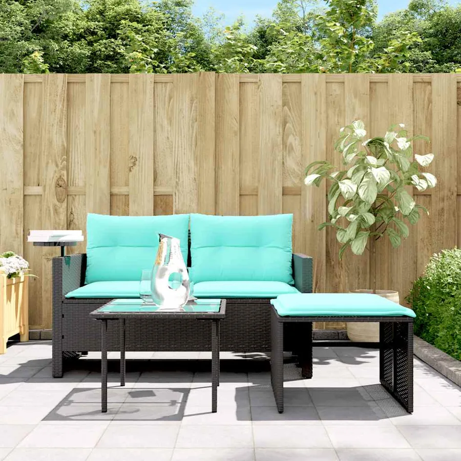 Ensemble de canapé de jardin 3 pcs avec coussins noir résine tressée - 3