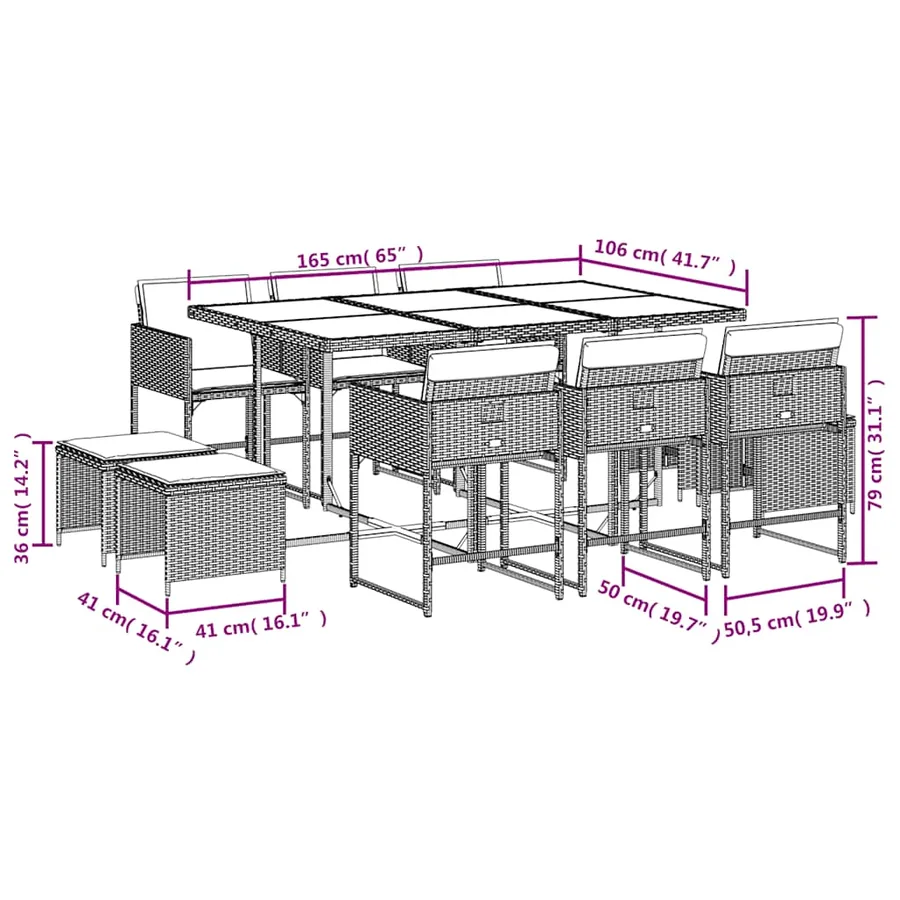 Ensemble à manger de jardin et coussins 11 pcs marron rotin - 6