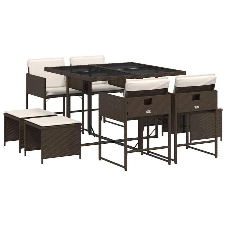 Ensemble à manger de jardin et coussins 9 pcs marron poly rotin - 2