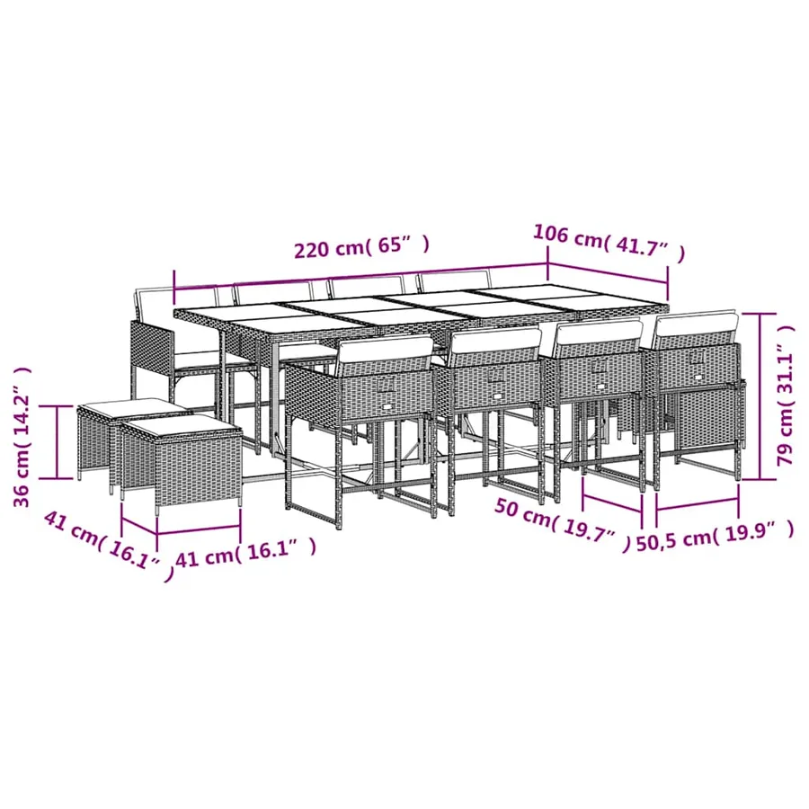 Ensemble à manger de jardin avec coussins 13 pcs marron rotin - 6