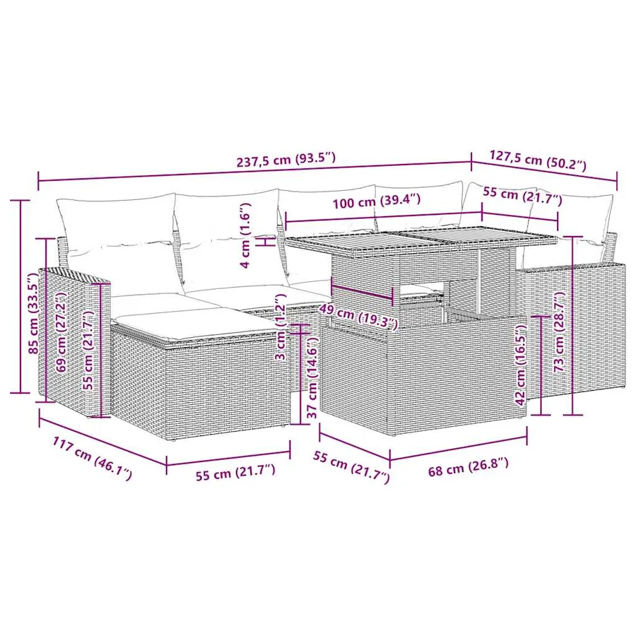 Salon de jardin avec coussins 7 pcs beige résine tressée - 16