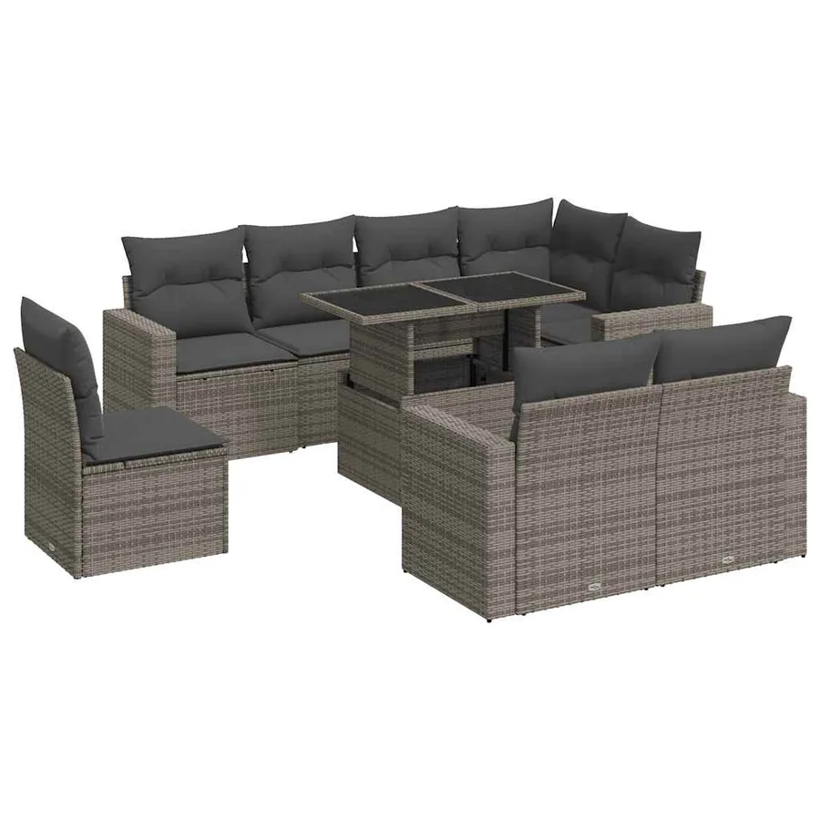 Salon de jardin 9 pcs avec coussins gris résine tressée - 2