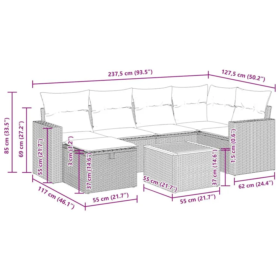 Salon de jardin avec coussins 7 pcs beige résine tressée - 16