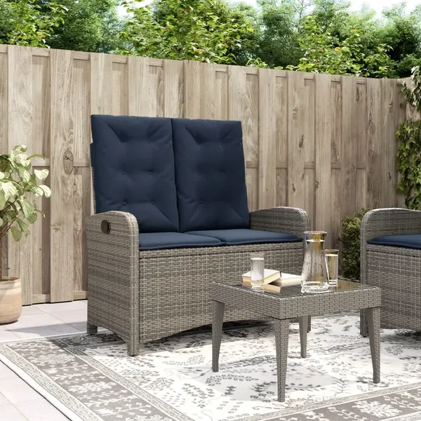 Banc inclinable de jardin avec coussins gris résine tressée