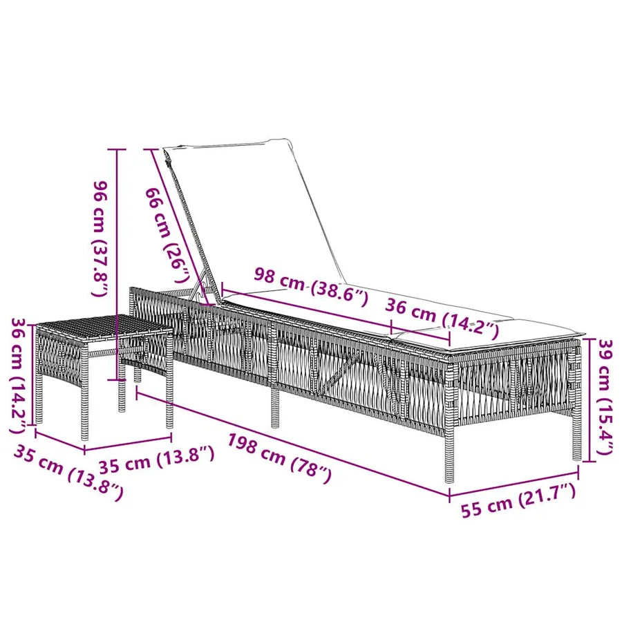 Ensemble de 2 chaises longues avec table gris résine tressée - 35
