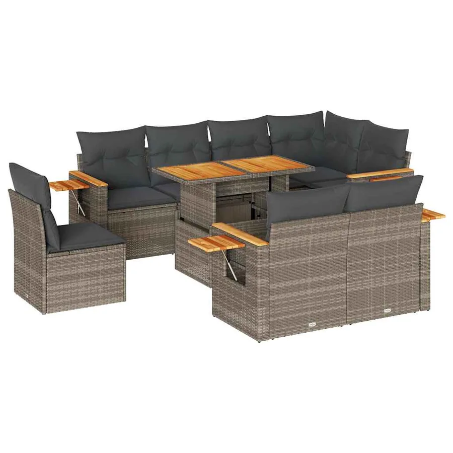 Salon de jardin avec coussins 9 pcs gris résine tressée acacia - 2