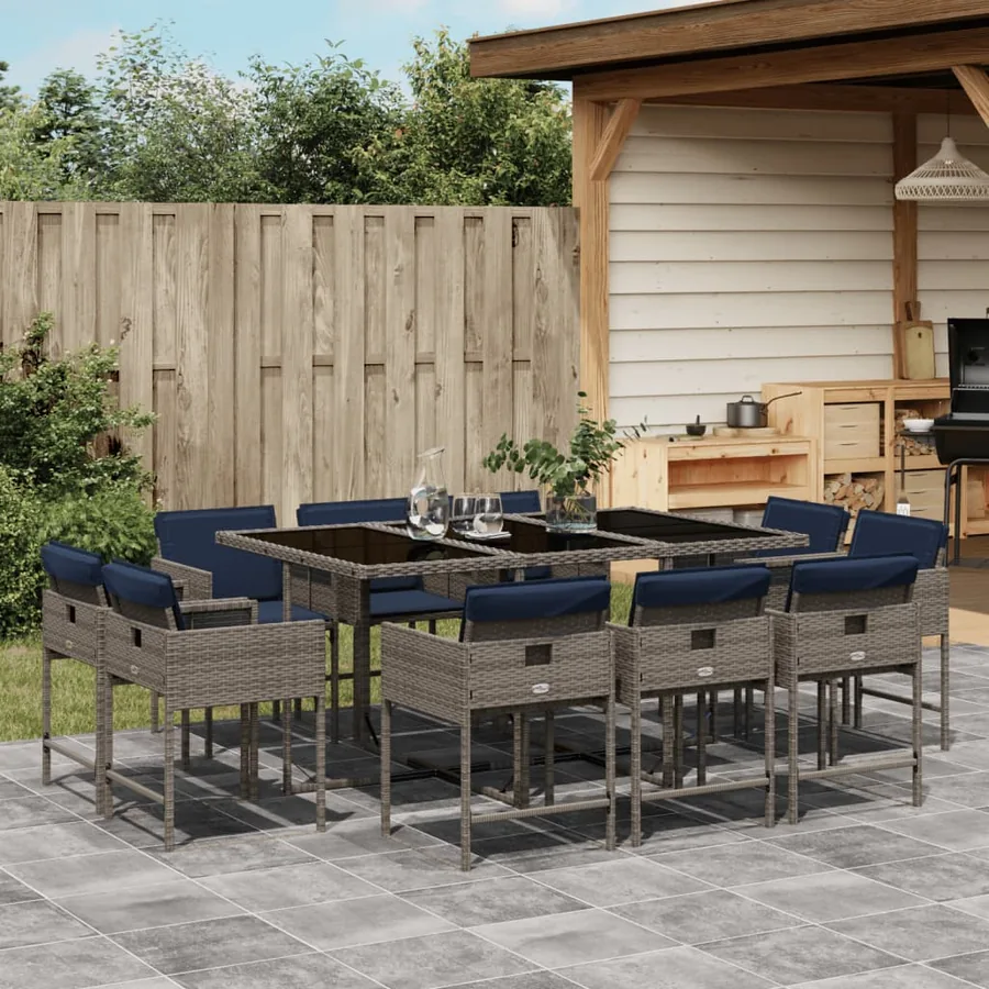 Ensemble à manger de jardin 11 pcs coussins gris résine tressée