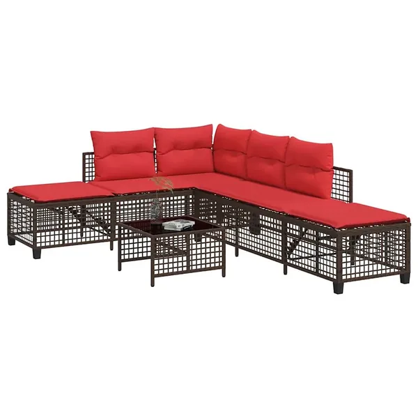 Ensemble de canapé d'angle de jardin 3 pcs avec coussins marron résine tressée