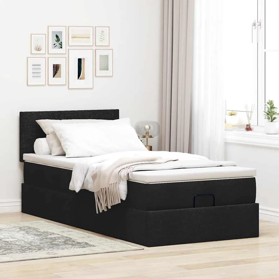 Lit ottoman avec matelas noir 90x200 cm tissu - 3