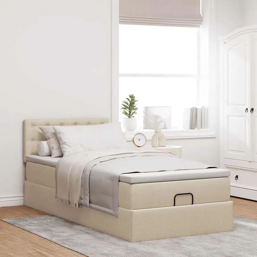 Lit ottoman avec matelas crème 90x200 cm tissu - 3