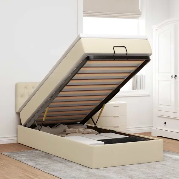 Lit ottoman avec matelas et LED crème 90x200 cm tissu