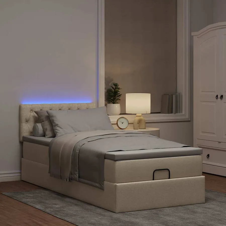 Lit ottoman avec matelas et LED crème 90x200 cm tissu - 3