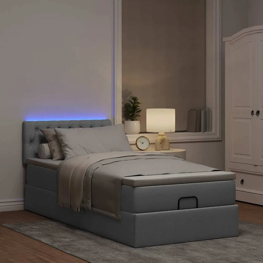 Lit ottoman avec matelas gris clair 100x200 cm tissu - 3