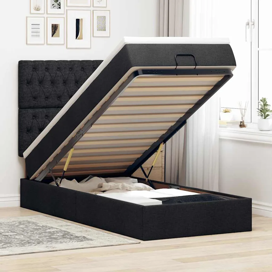Lit ottoman avec matelas noir 90x200 cm tissu