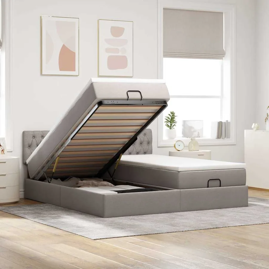 Cadre de lit ottoman avec matelas taupe 180x200 cm tissu