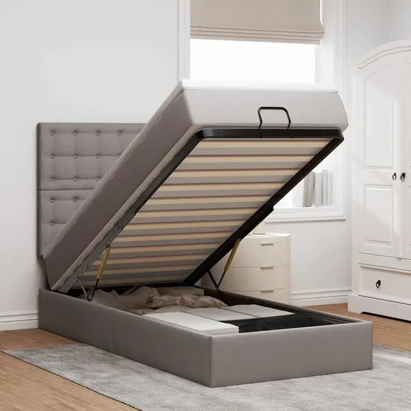Lit ottoman avec matelas et LED taupe 90x200 cm tissu