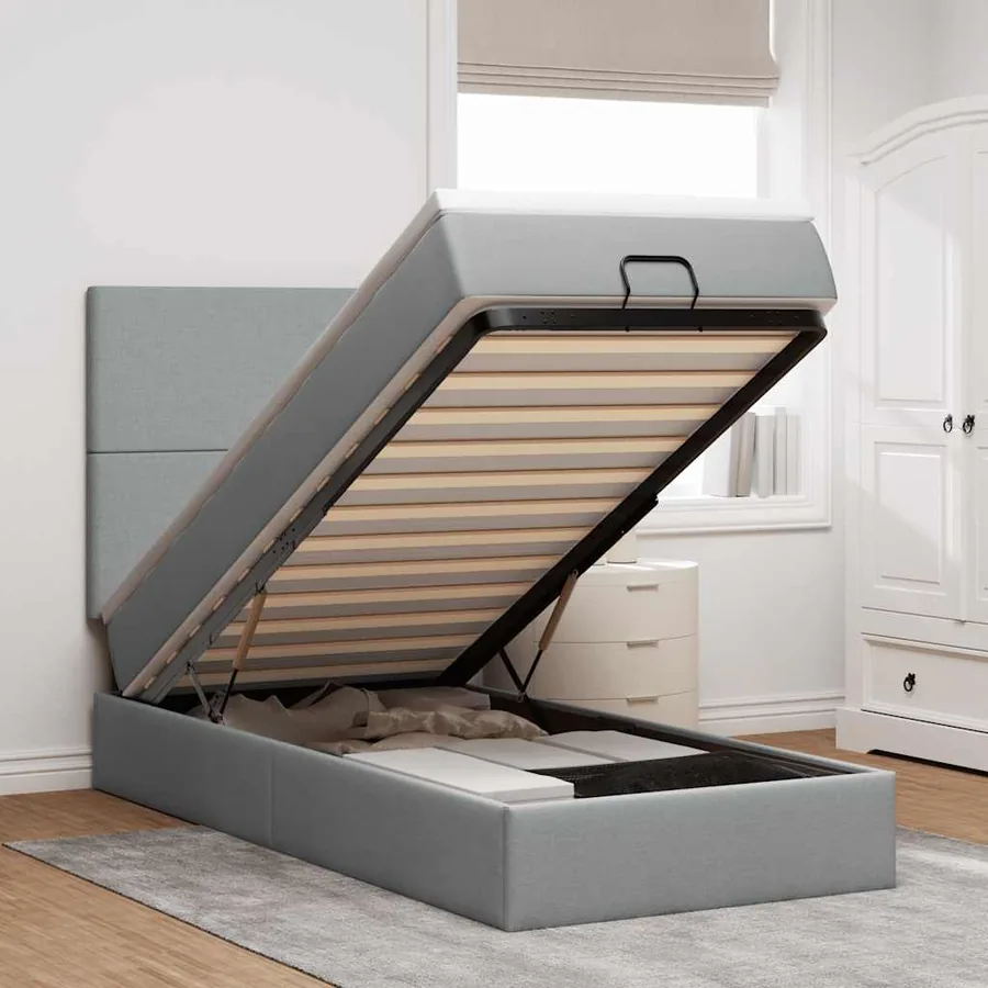 Lit ottoman avec matelas gris clair 100x200 cm tissu
